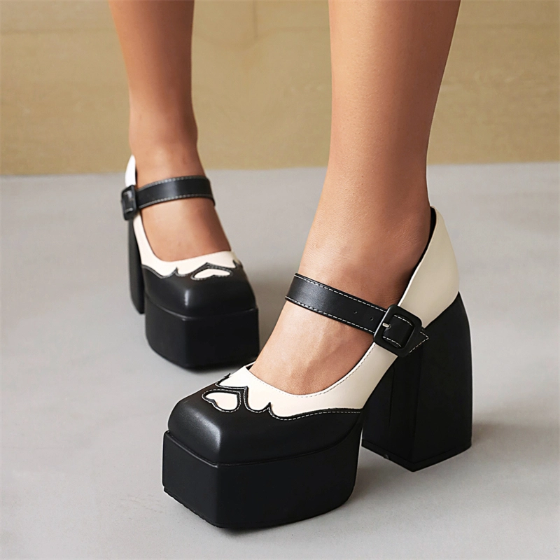 Double Colors Mary Janes Chunky High Heels Platform Heart Shape Buckle Heels - Image 13