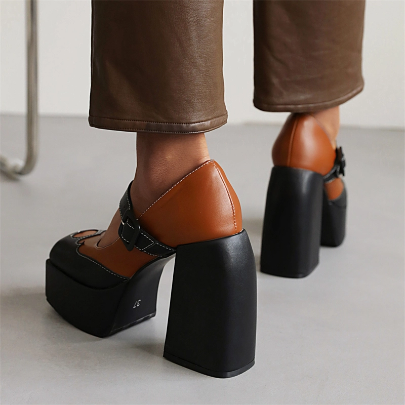 Double Colors Mary Janes Chunky High Heels Platform Heart Shape Buckle Heels - Image 8