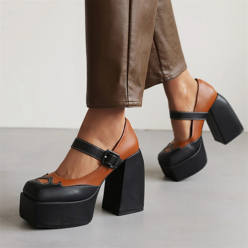 Double Colors Mary Janes Chunky High Heels Platform Heart Shape Buckle Heels - Image 2