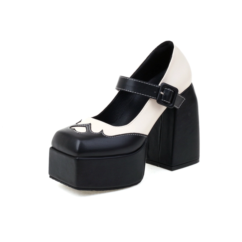 Double Colors Mary Janes Chunky High Heels Platform Heart Shape Buckle Heels - Image 12