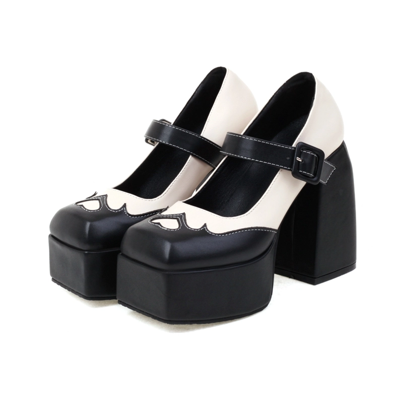 Double Colors Mary Janes Chunky High Heels Platform Heart Shape Buckle Heels - Image 15