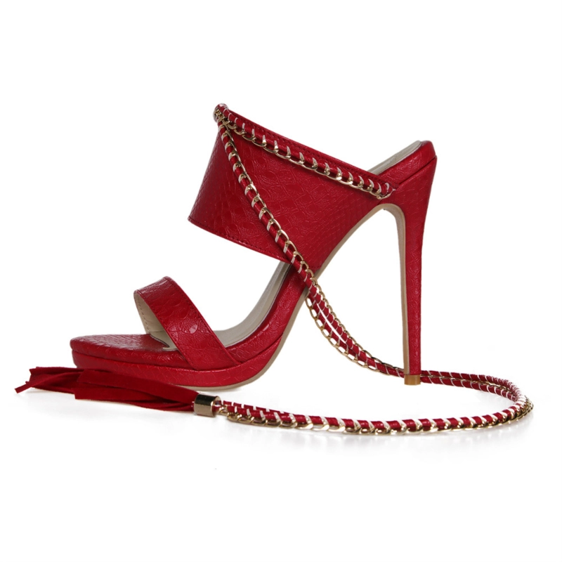 Embossed Vegan Leather Open Toe Stiletto Heel Mule Sandals Tassels Chain Strappy Sandals - Image 8