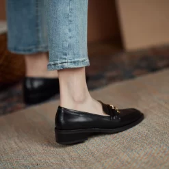 Leather Gold Buckle Round Toe Flats Loafer Spring Shoes -Ladies Fashion Shoes f125 1 10 1.jpg.mst