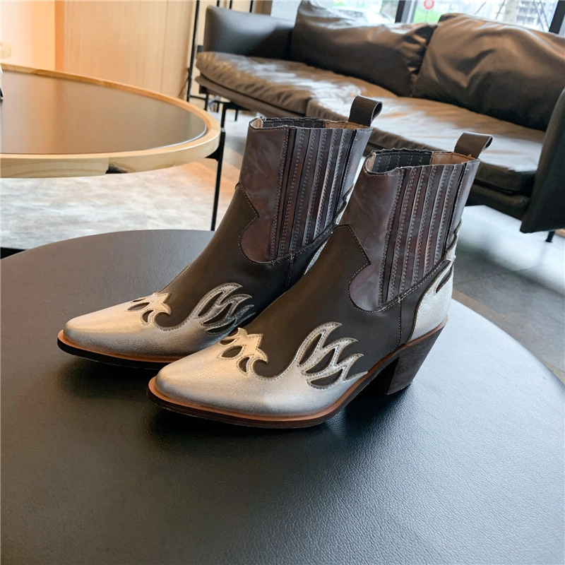 Fall Cowgirl Ankle Boots Pointed Toe Leather Western Boot Mid Heels - Image 19