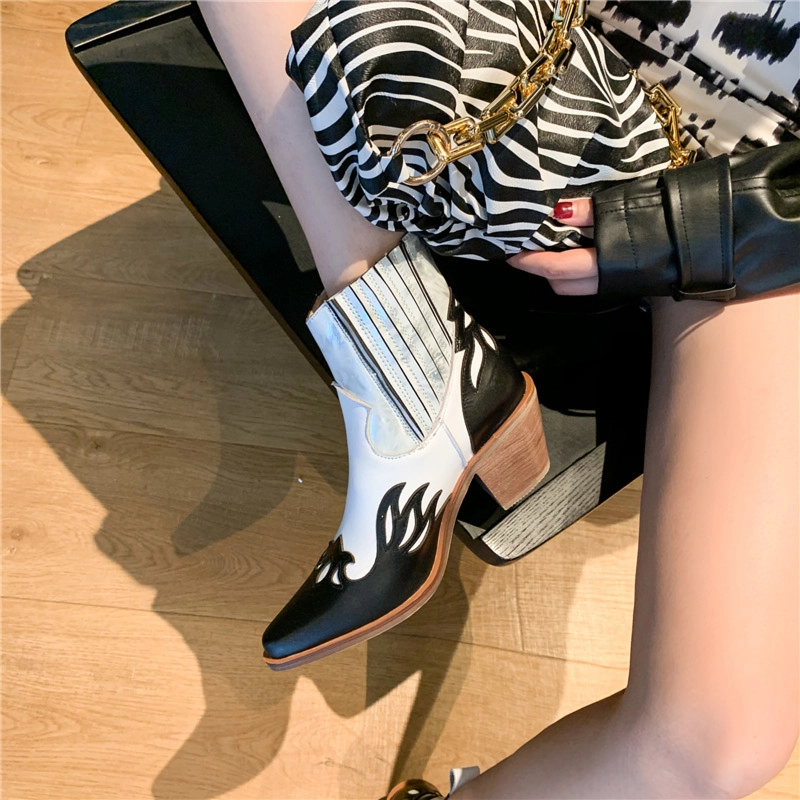 Fall Cowgirl Ankle Boots Pointed Toe Leather Western Boot Mid Heels - Image 14