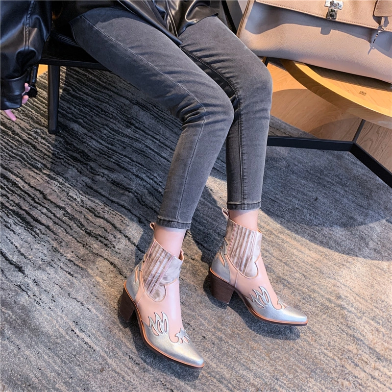 Fall Cowgirl Ankle Boots Pointed Toe Leather Western Boot Mid Heels - Image 2