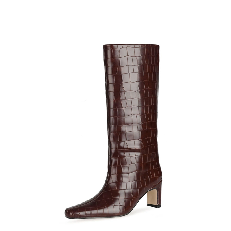 Fall Croc Print Wide Calf Tall Booties Square Toe Low Heel Knee High Boots For Women - Image 19