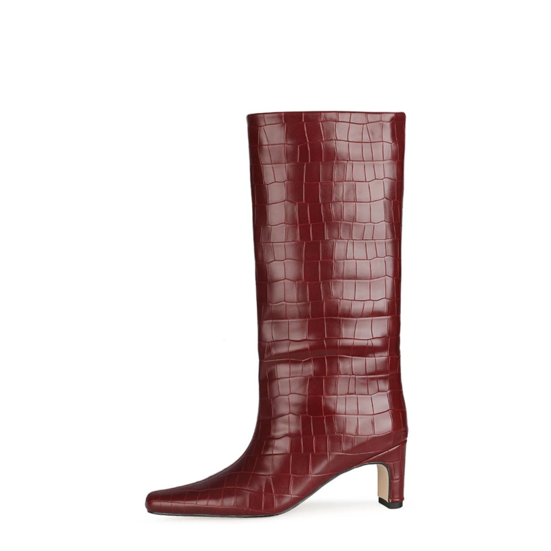 Fall Croc Print Wide Calf Tall Booties Square Toe Low Heel Knee High Boots For Women - Image 9