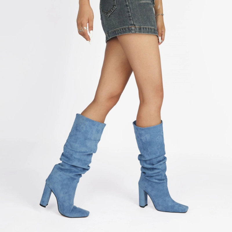 Fall Slouch Boots Chunky Heeled Pull On Knee High Boots - Image 17
