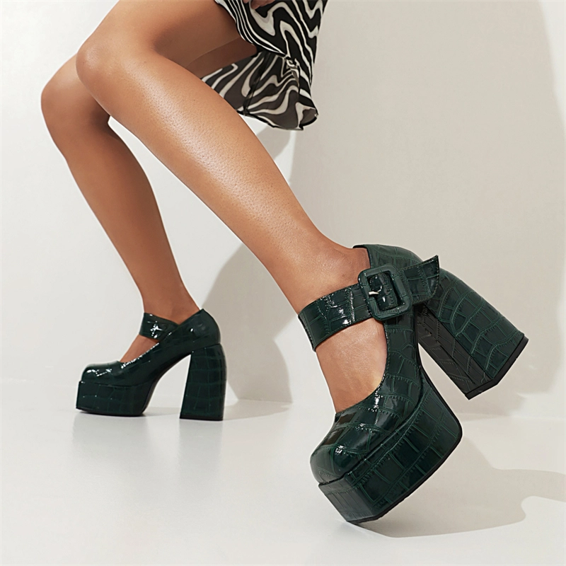 Fashion Chunky Platform Mary Janes Croc Prints Buckle Heels For Women - Image 7
