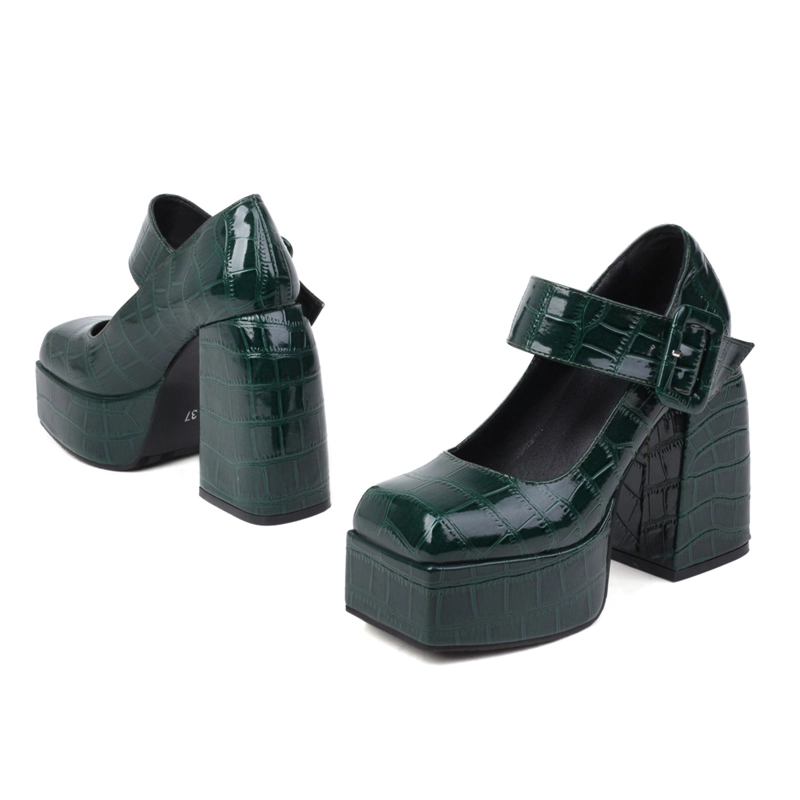 Fashion Chunky Platform Mary Janes Croc Prints Buckle Heels For Women