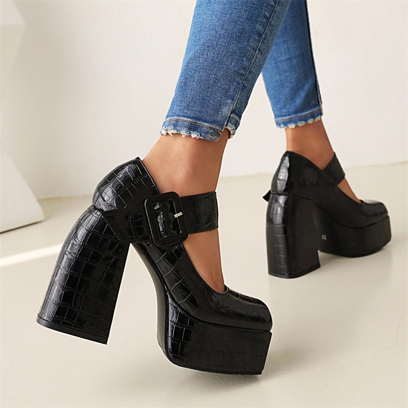 Fashion Chunky Platform Mary Janes Croc Prints Buckle Heels For Women - Image 11