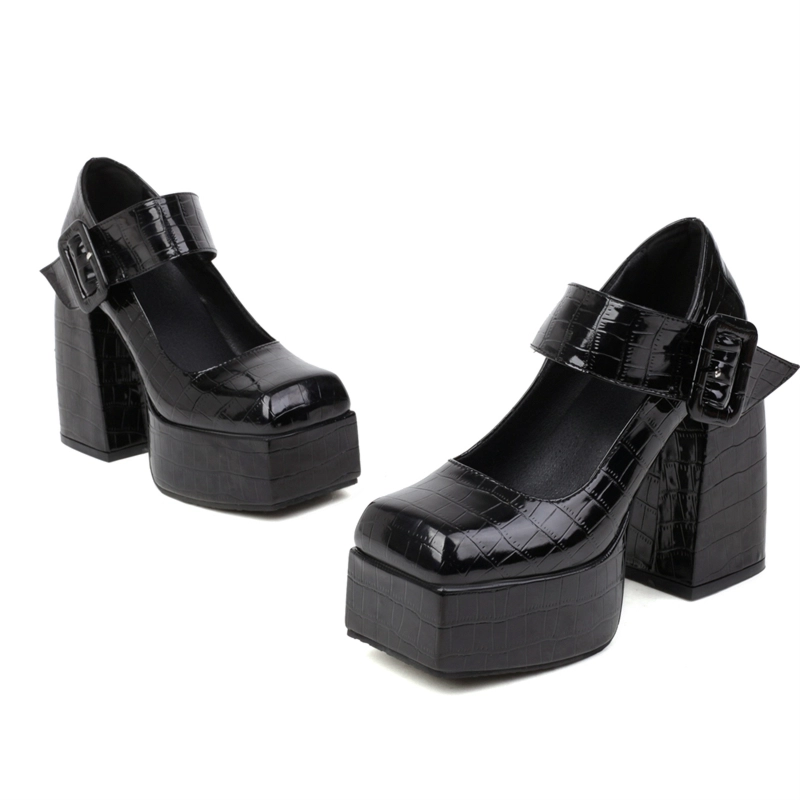 Fashion Chunky Platform Mary Janes Croc Prints Buckle Heels For Women - Image 12