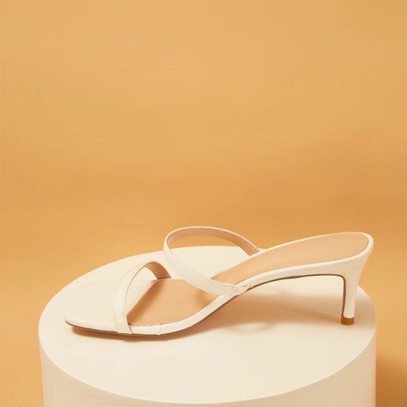White Matte Square Toe Double Strap Mule Low Heeled Sandals - Image 5