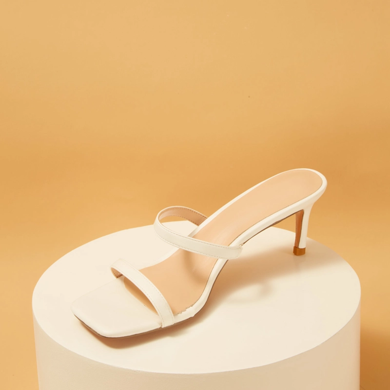 White Matte Square Toe Double Strap Mule Low Heeled Sandals - Image 4