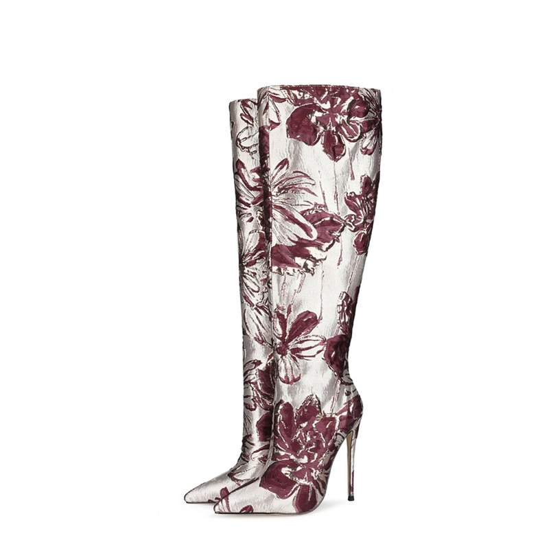 Flower Embroidered Stiletto Boots Metallic Pointed Toe Knee High Boots - Image 11