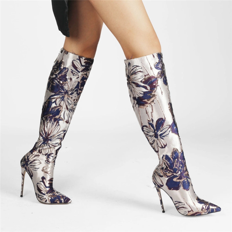 Flower Embroidered Stiletto Boots Metallic Pointed Toe Knee High Boots - Image 3