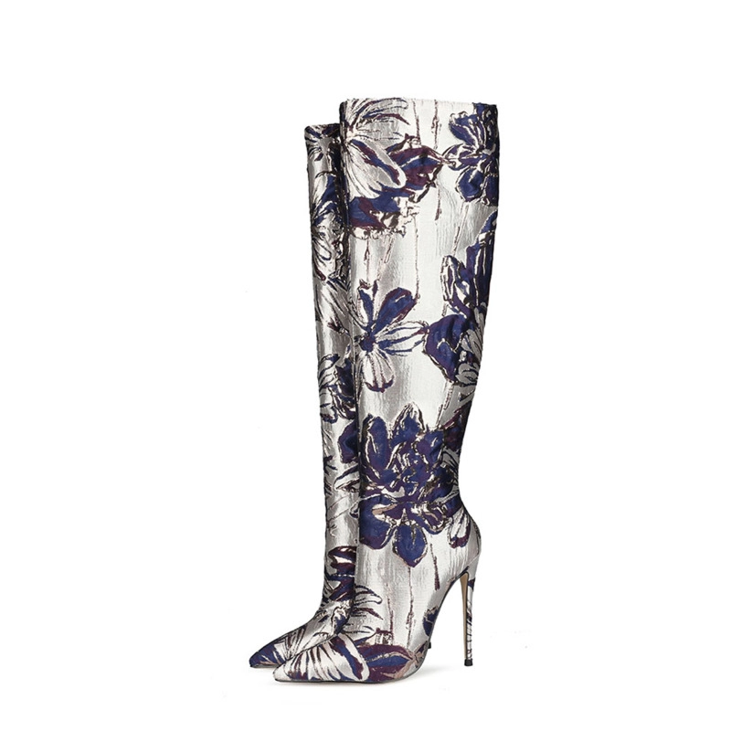Flower Embroidered Stiletto Boots Metallic Pointed Toe Knee High Boots