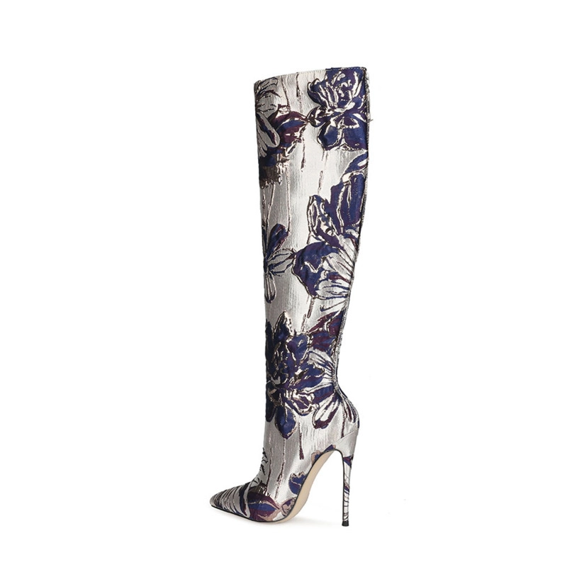 Flower Embroidered Stiletto Boots Metallic Pointed Toe Knee High Boots - Image 7