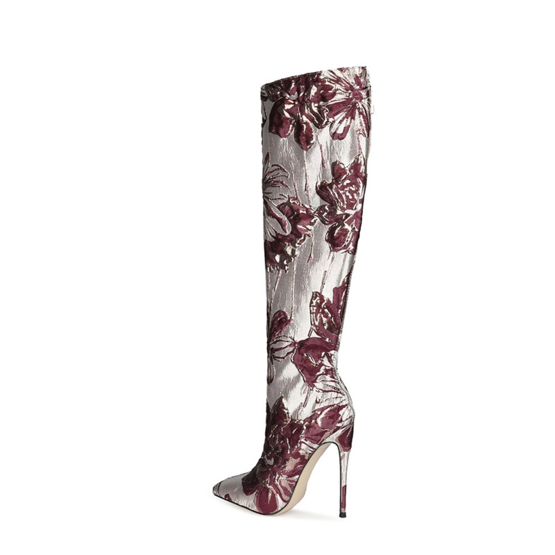 Flower Embroidered Stiletto Boots Metallic Pointed Toe Knee High Boots - Image 17