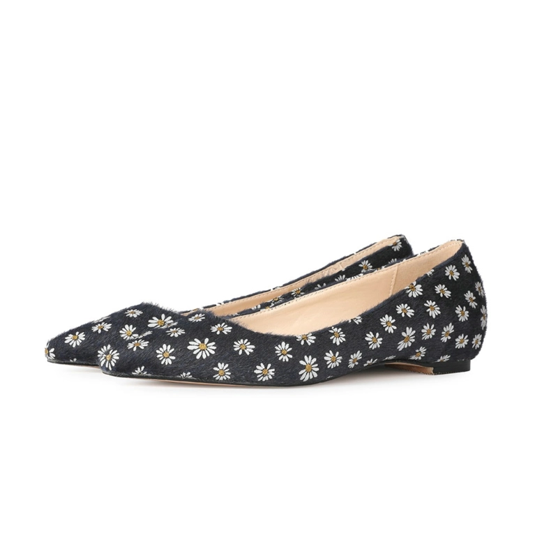 Flower Prints Faux Fur Flats Shoes Comfy Work Flat Pumps - Image 12