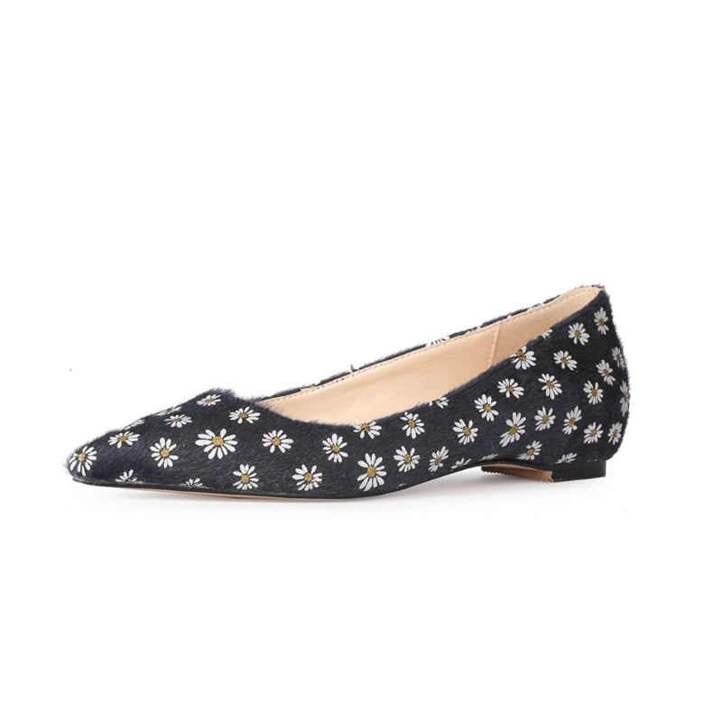 Flower Prints Faux Fur Flats Shoes Comfy Work Flat Pumps - Image 7