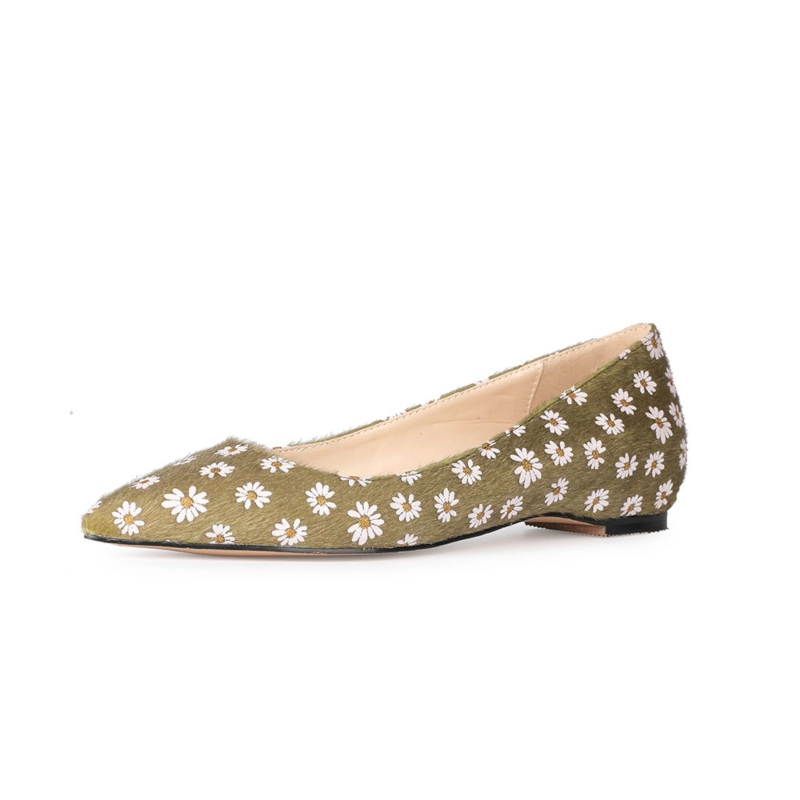 Flower Prints Faux Fur Flats Shoes Comfy Work Flat Pumps
