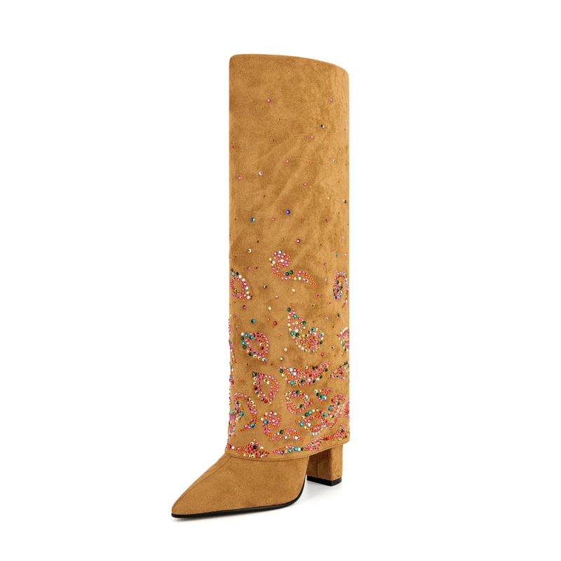 Fold Over Boots Sequin Block Heel Knee High Boots For Party - Image 15