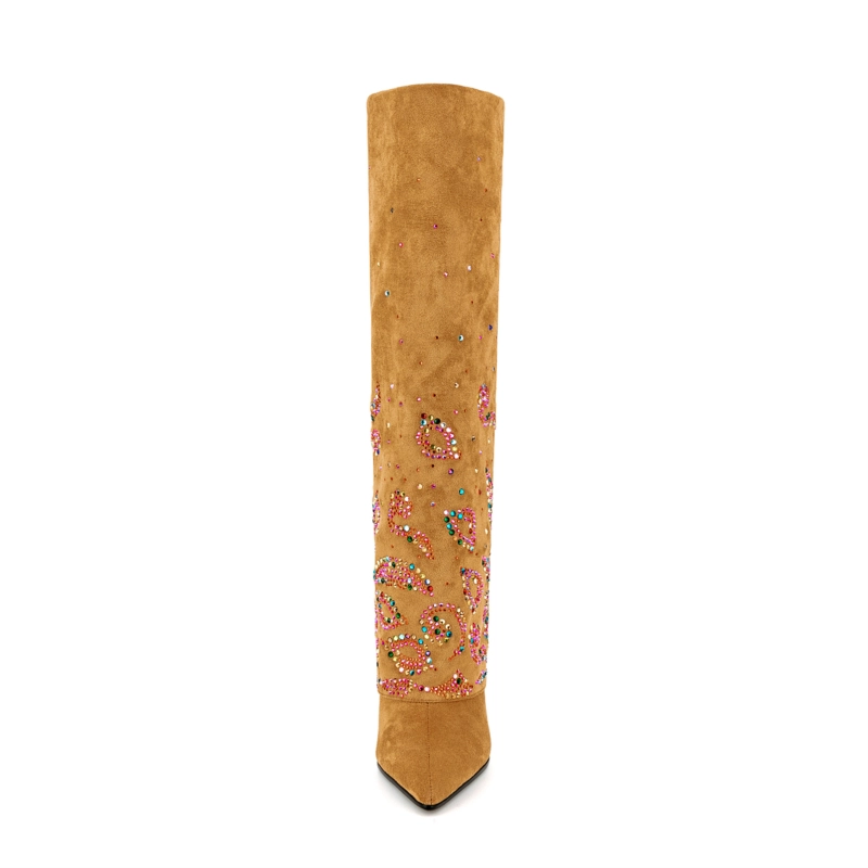 Fold Over Boots Sequin Block Heel Knee High Boots For Party - Image 16