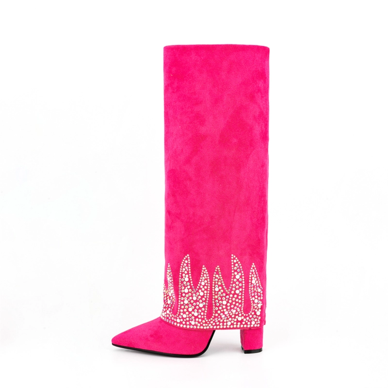 Fold Over Boots Sequin Block Heel Knee High Boots For Party - Image 7
