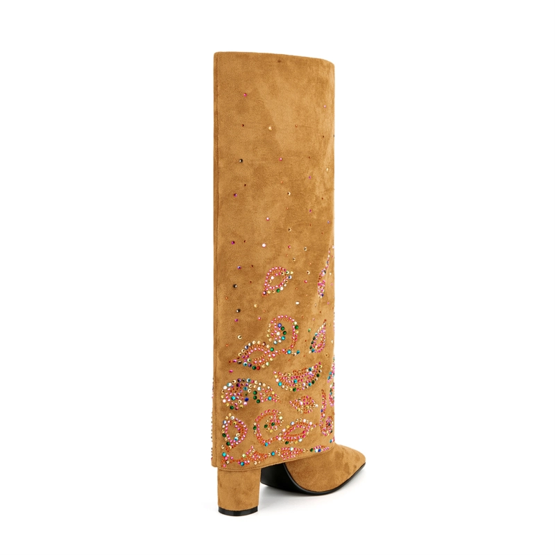 Fold Over Boots Sequin Block Heel Knee High Boots For Party - Image 19