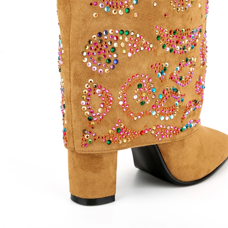 Fold Over Boots Sequin Block Heel Knee High Boots For Party - Image 18