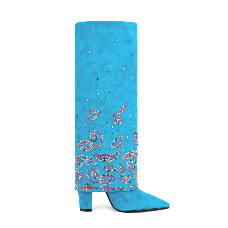 Fold Over Boots Sequin Block Heel Knee High Boots For Party - Image 13