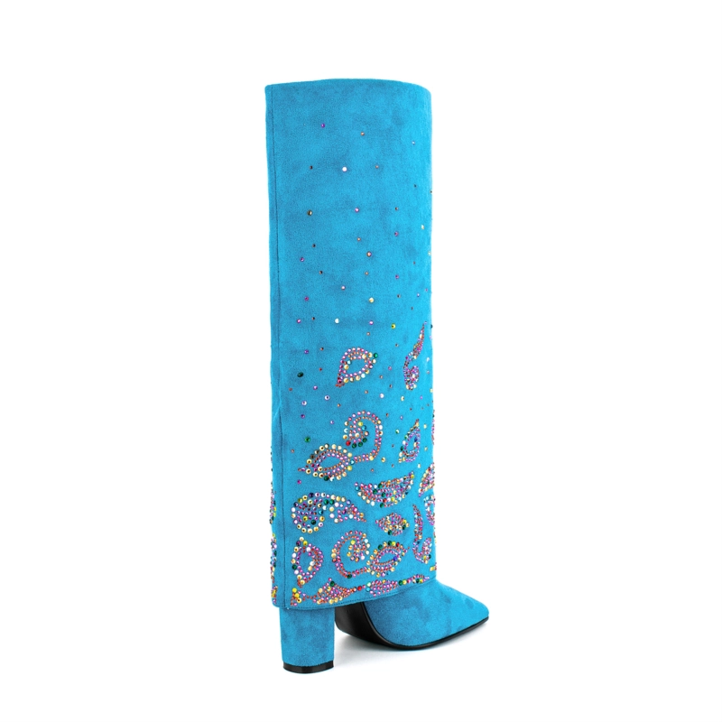 Fold Over Boots Sequin Block Heel Knee High Boots For Party - Image 14