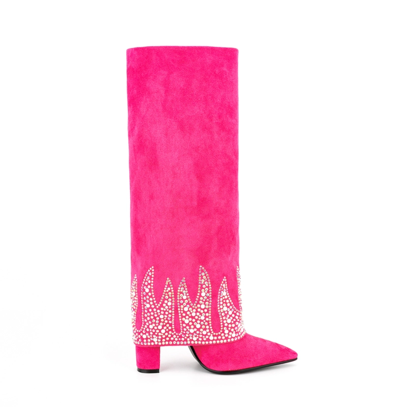 Fold Over Boots Sequin Block Heel Knee High Boots For Party - Image 3