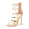 Gold Multi-Strap Gladiator Sandals Stiletto Heels Back Zip Hollow Out Shoes