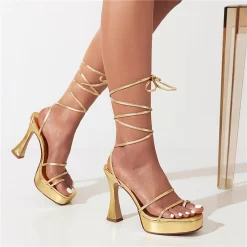 Gold Strappy Platform Sandals Tie Up Block Heels Sandals With Toe Ring -Ladies Fashion Shoes gold strappy platform sandals tie up block heels sandals with toe ring 6 .jpg.mst