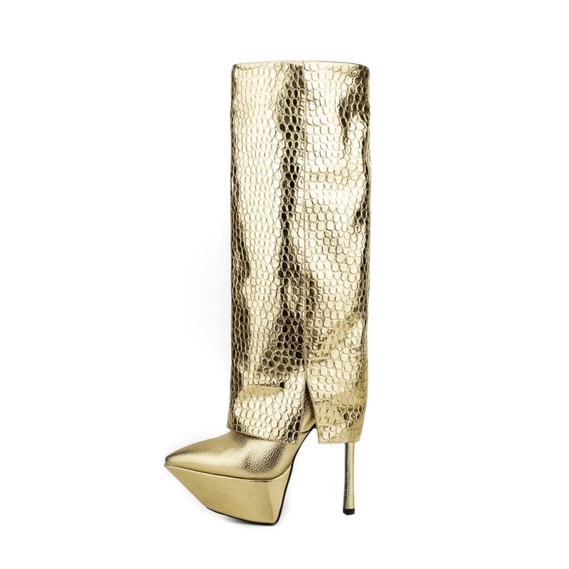 Golden Platform Pointed Toe Stilettos Fold-over Knee High Boots - Image 4