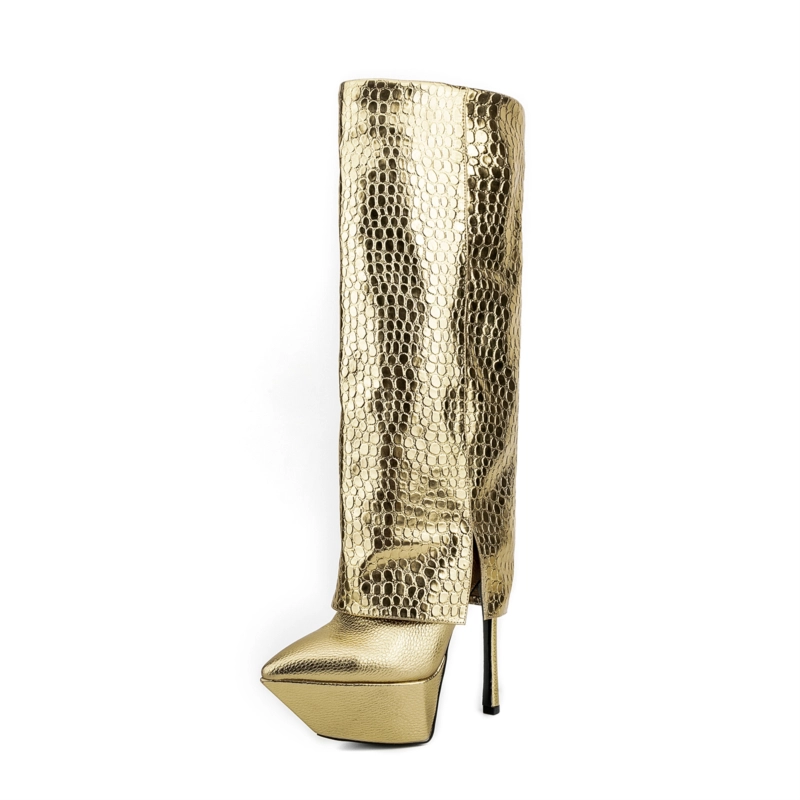 Golden Platform Pointed Toe Stilettos Fold-over Knee High Boots
