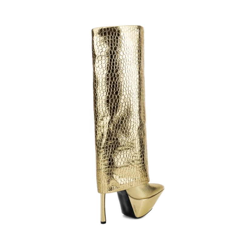 Golden Platform Pointed Toe Stilettos Fold-over Knee High Boots - Image 6