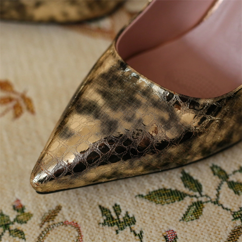 Golden Sexy Leather Snake Printed Pointed Toe Pumps Stiletto High Heels Shoes - Image 7