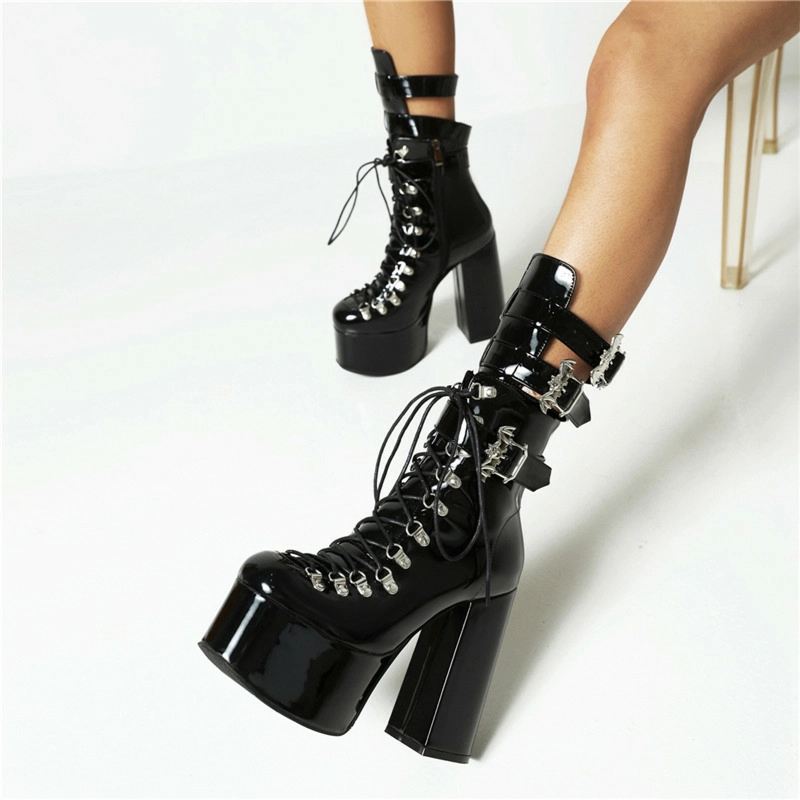 Gothic Lace Up&Buckle Combat Ankle Boots Platform Chunky Heels Tall Booties - Image 3