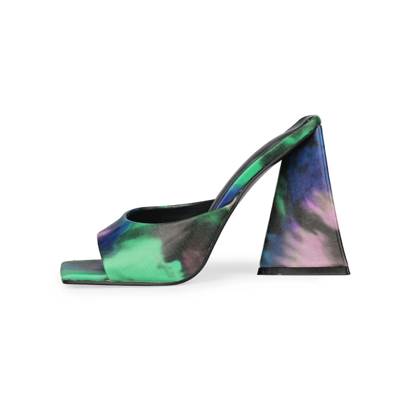 Graffiti Square Toe Slide Party Sandal High Heels PU Mule Sandals - Image 12