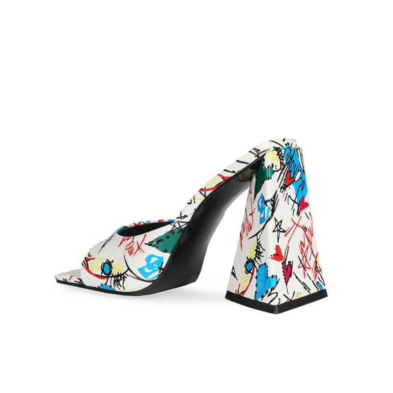 Graffti Slide Sandals Chunky Heels Summer Mules Shoes With Square Toe - Image 4