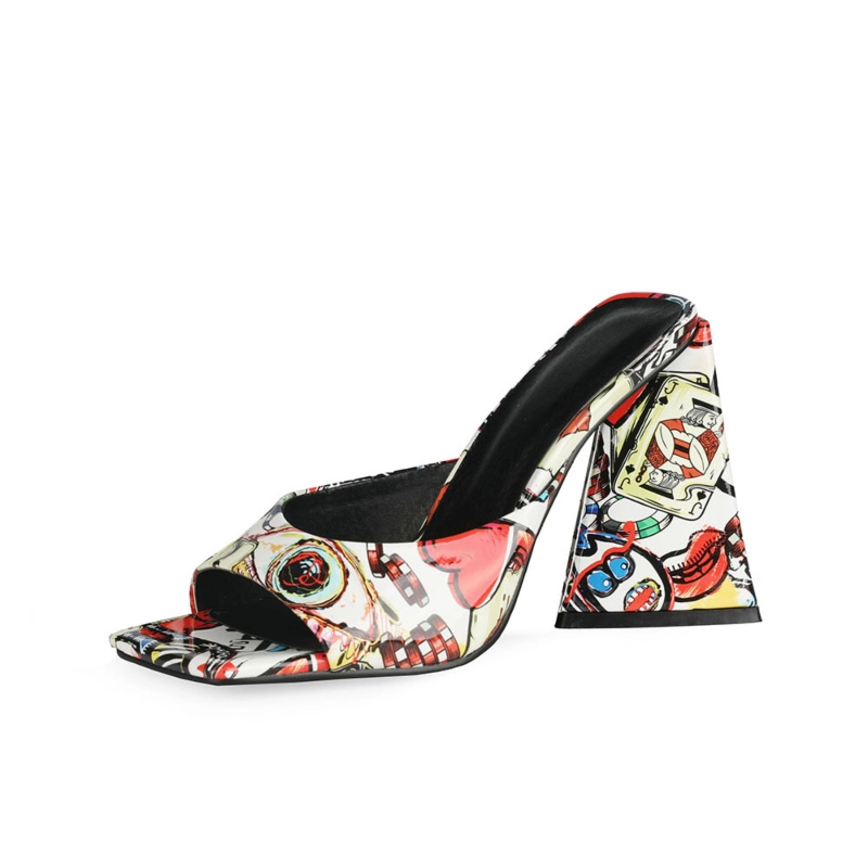 Graffti Slide Sandals Chunky Heels Summer Mules Shoes With Square Toe - Image 10