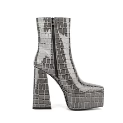 Grey Croc Printed Square Toe Block Heel Platform Ankle Boots -Ladies Fashion Shoes grey croc printed square toe block heel platform ankle boots 5 .jpg.mst