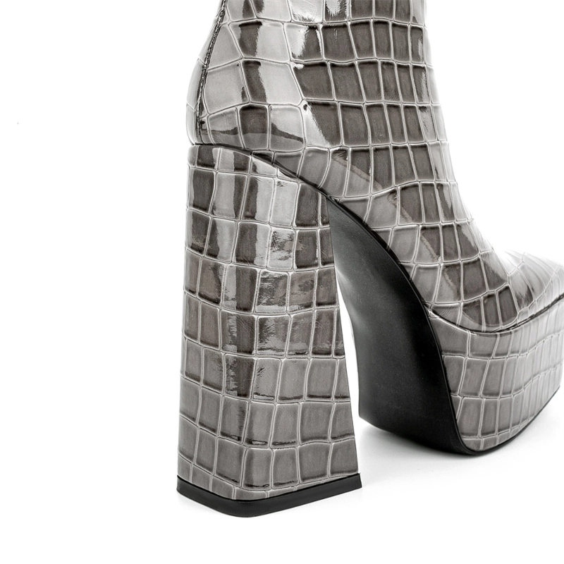 Grey Croc Printed Square Toe Block Heel Platform Ankle Boots - Image 4