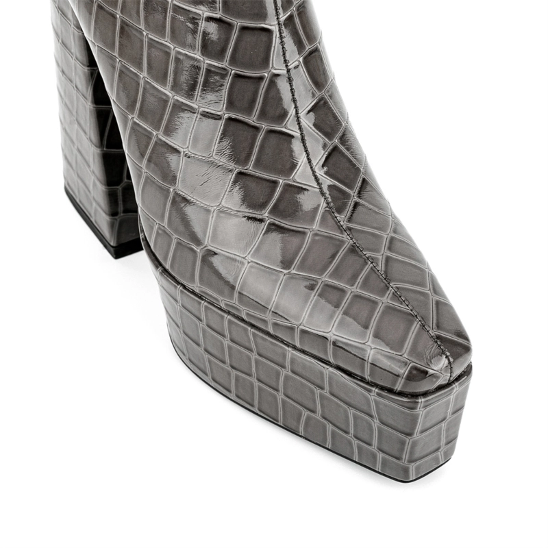 Grey Croc Printed Square Toe Block Heel Platform Ankle Boots - Image 3