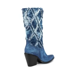 Women's Blue Denim Almond Toe Block Heel Mid Calf Boots Cowboy Booties -Ladies Fashion Shoes hs1207 165.jpg.mst