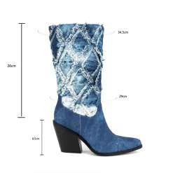 Women's Blue Denim Almond Toe Block Heel Mid Calf Boots Cowboy Booties -Ladies Fashion Shoes hs1207 169.jpg.mst